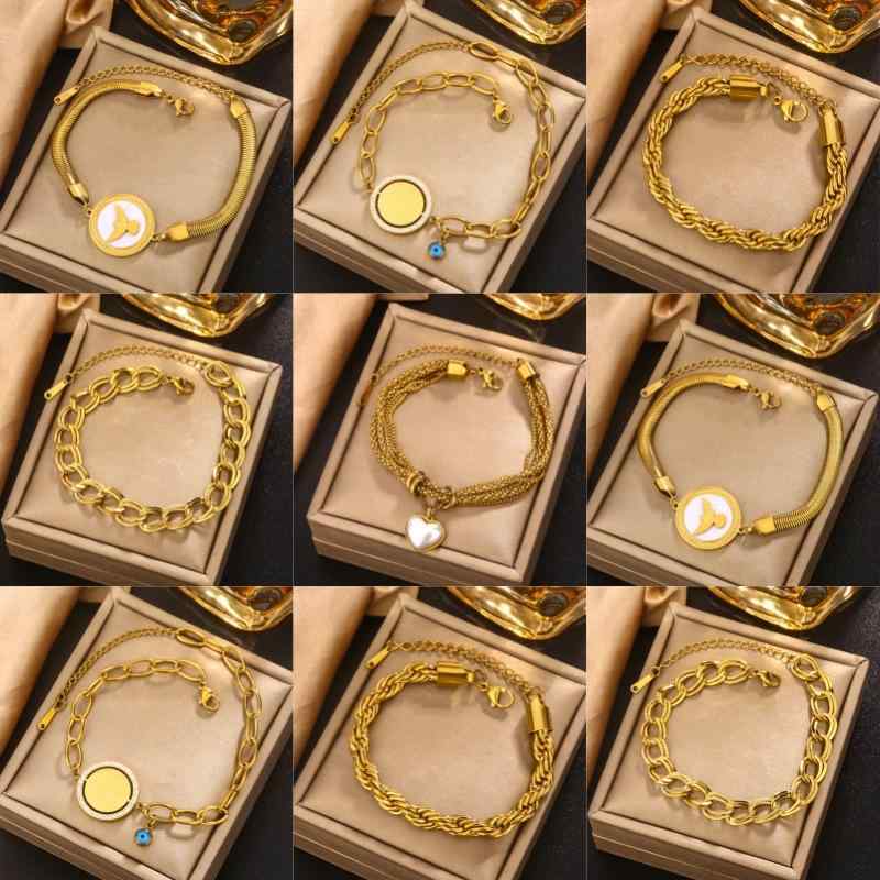 ブレスレット 男女兼用 18K 金メッキ チタン鋼製 ヒップホップ 麻花模様 ダブルレイヤー ハート型 ストリートスタイル 金色 B-42 B-43 B-44 B-45 B-46