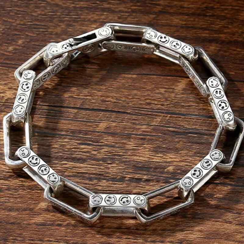 ブレスレット 男女兼用 スマイル ニコちゃん シルバー チェーン レトロ 韓国風 トレンド おしゃれ 銅製 電気メッキ加工 手飾り