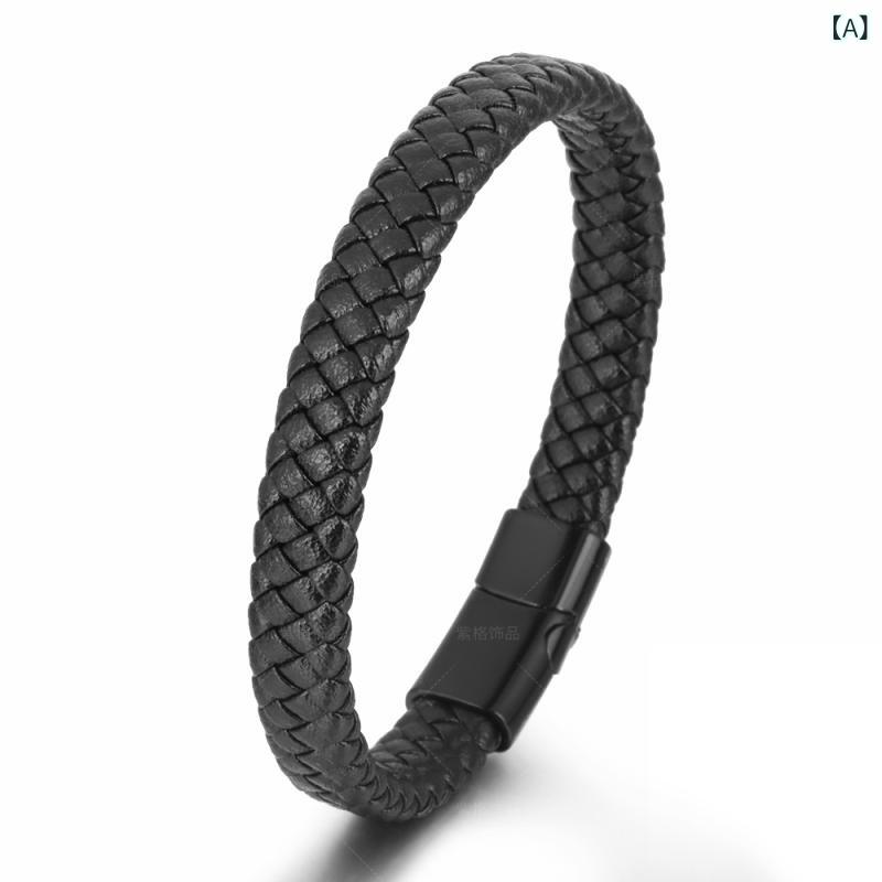 ブレスレット メンズ 男性用 レザー 牛革 本革 手編み込み アレルギー対応 幾何学模様 黒 ブラック ブラウン 21cm