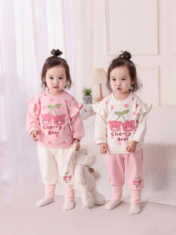 ベビー服 長袖トップス パンツ 2点セット 春秋 女の子 乳幼児 赤ちゃん 綿 かわいい 水玉模様 上下セット ピンク系