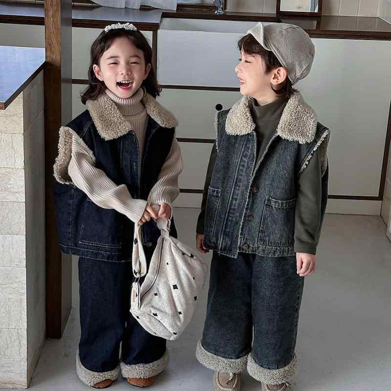 Other - 子供用セットアップ 子供服 男の子 裏ボア デニム ベスト ワイドパンツ 2点セット 防寒 秋冬 かわいい 80cm 90cm 100cm 110cm 120cm 130cm 140cm