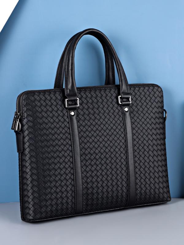 Men'S Bag - ビジネスバッグ メンズ 男性用 紳士用 ブリーフケース 肩掛け 斜めがけ 2WAY 防水 耐摩耗 編み込み柄 PVC ポリエステル 14インチ 黒 ブラック