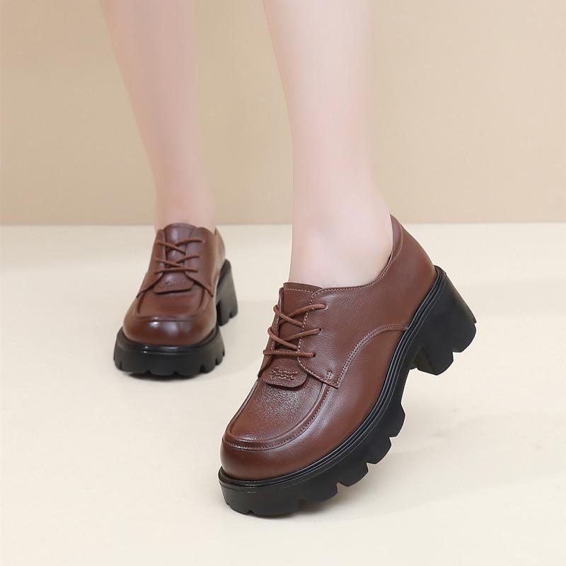 ローファー レディース 厚底 本革 レースアップシューズ 丸 голов 粗跟 防水 春秋 靴 黒 ブラック ブラウン 3cmヒール 30代 40代 普段使い