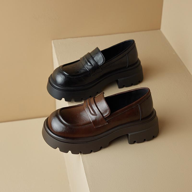 ローファー レディース 厚底 靴 春夏 本革 スクールシューズ 制服靴 ラウンドトゥ 漆皮 防水台 金属飾り付き チャンキーヒール 歩きやすい 普段使い 黒 ブラック ダークブラウン