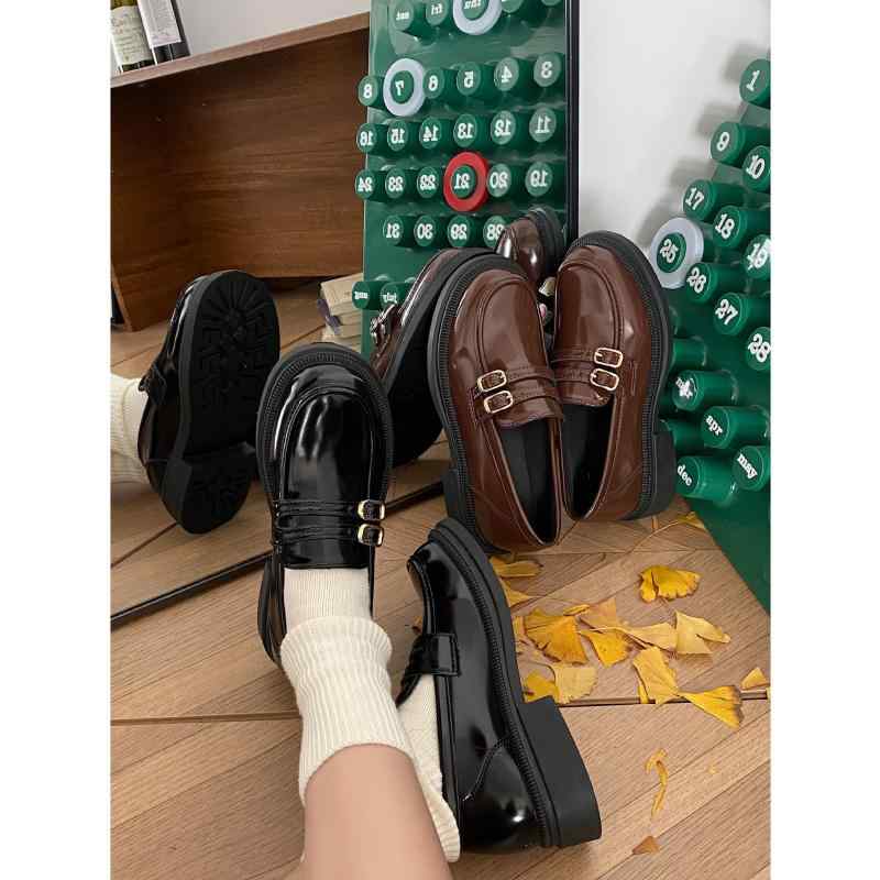 ローファー レディース 厚底 小皮鞋 春秋 レトロ ブリティッシュスタイル ダブルボタン ラウンドトゥ ..