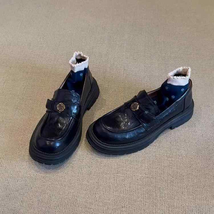 ローファー レディース 厚底 靴 本革 スリッポン ラウンドトゥ 太ヒール カジュアルシューズ レトロ調 レザーシューズ 通勤 春夏秋冬 ブラック ブラウン