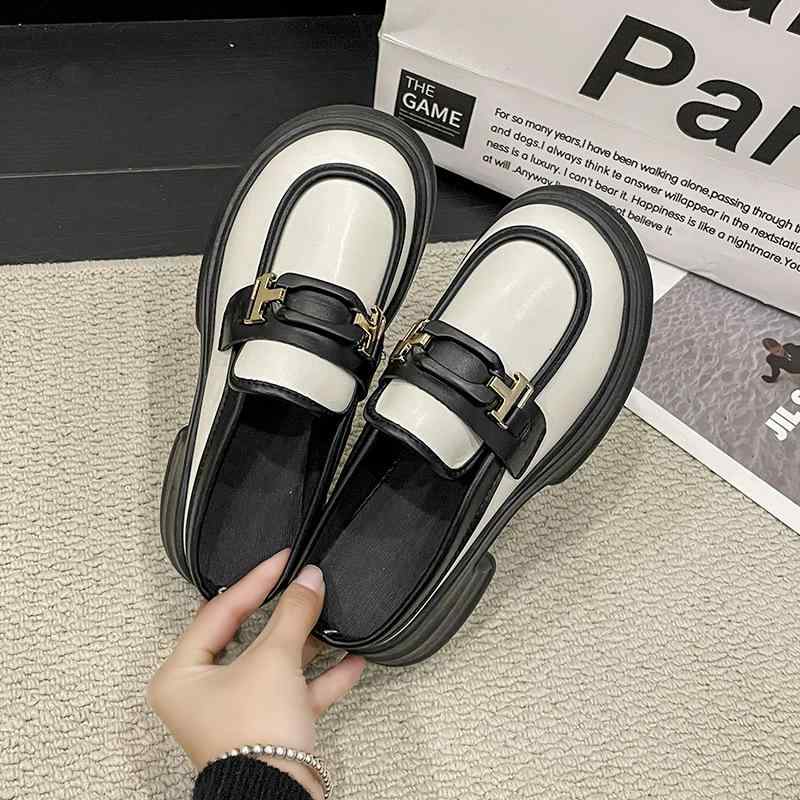 ローファー レディース 厚底 スリッパ ローファー風 サンダル 春夏 防水 ミュール ラウンドトゥ 太ヒール 合皮 フェイクレザー バイカラー ベージュ ブラック