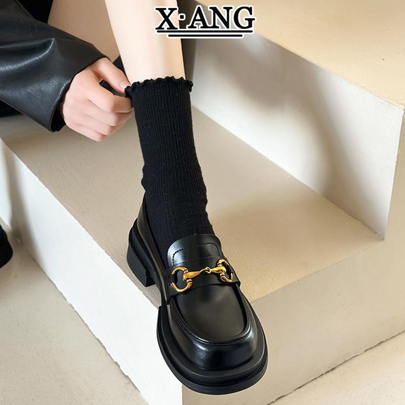 ローファー レディース マリージェーンシューズ 本革 スリッポン ラウンドトゥ バックル付き 太ヒール チャンキーヒール JK 春夏 秋冬 日本製 ブラック