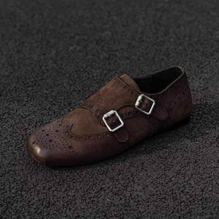 靴 レディース ローファー ブロックヒール 彫刻飾り付き モンクストラップシューズ フラット 痛くない 歩きやすい 柔らかい 本革風 ラウンドトゥ カジュアル 春