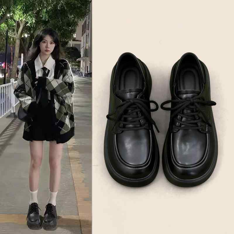 ローファー レディース 厚底 レースアップ シューズ 黒 ブラック 無地 ラウンドトゥ ローファーパンプス スクールスタイル 普段使い