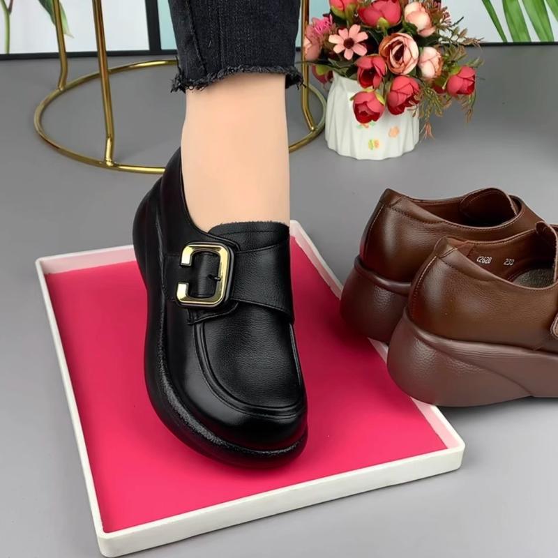 ローファー レディース 厚底 牛革 本革 レザー シューズ ラウンドトゥ チャンキーヒール パンプス 黒 ブラック ブラウン 普段使い 秋冬