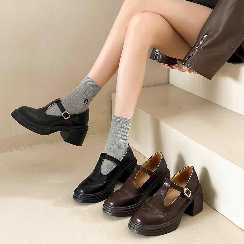 ローファー レディース マリージェーンシューズ 制服靴 ラウンドトゥ 太ヒール PUレザー 合皮 春夏秋冬 学生靴 中ヒール ブリティッシュスタイル ブラック ブラウン