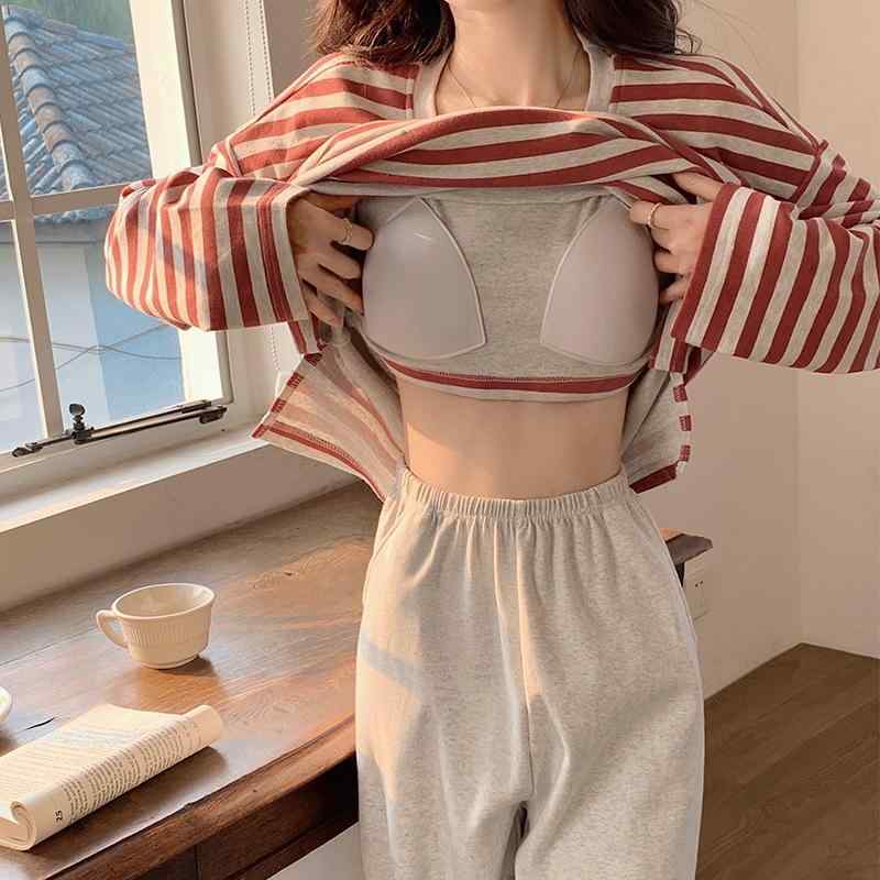 パジャマ レディース 春秋冬 綿 長袖 ストライプ 薄手 ラウンドネック 部屋着 ルームウェア 上下セット リラックス ウェア ホームウェア 普段使い かわいい M L XL XXL