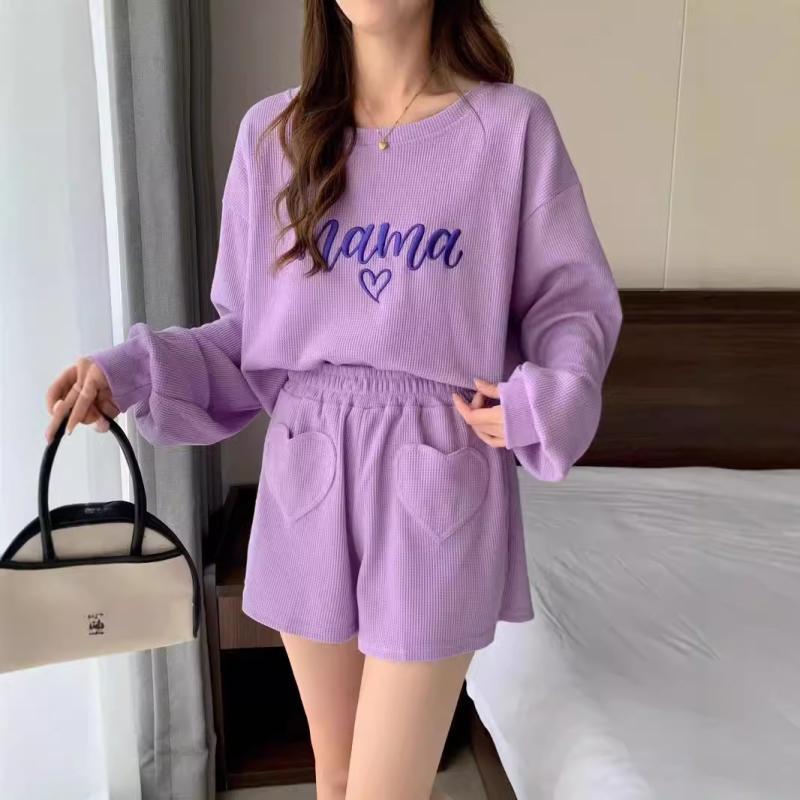 セットアップ レディース ファッション カジュアル 長袖 ショートパンツ ワッフル 上下セット 刺繍 ハートモチーフ 紫色 ブラック 深棕色 ピンク系 ポリエステル ストリート スタイル 秋冬(x2)