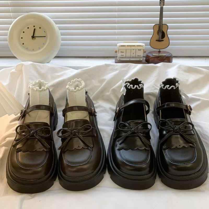 靴 レディース ローファー 厚底 ショートブーツ 蝶結び ロリータ風 ラウンドトゥ メリージェーン エレガント 深棕色 ブラック 秋冬