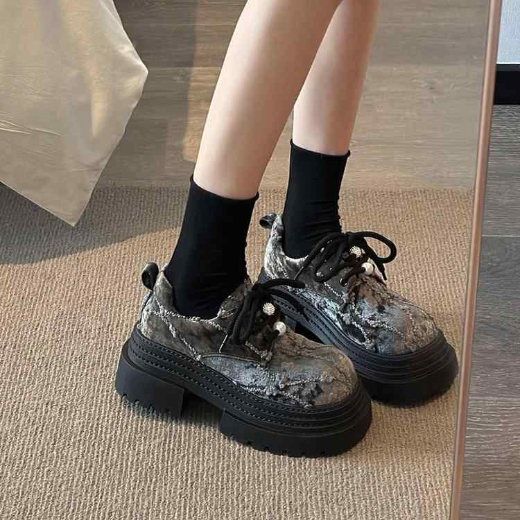 ローファー レディース 厚底 マニッシュシューズ 金糸ベルベット調 配色 ラウンドトゥ 太ヒール チャンキーヒール カジュアル 春