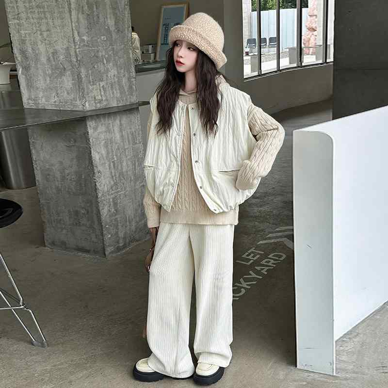 子供服 パンツセット 秋冬 女の子 中学生 ニット ベスト付き 3点セット コットン 長袖 長ズボン 普段着 韓国風 ガールズ 白 黒 グレー 120 130 140 150 160 170