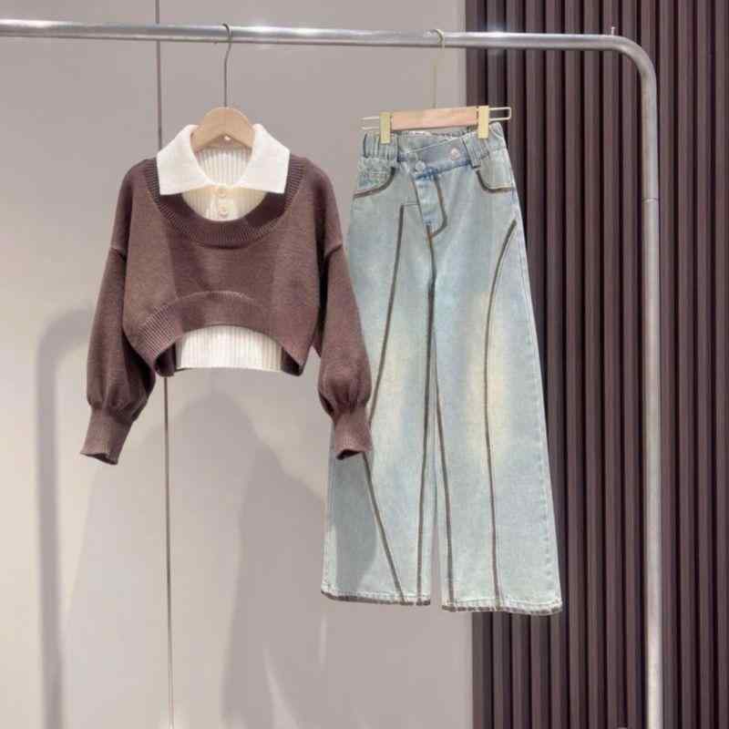 子供用セットアップ ニットトップス デニムワイドパンツ 2点セット 女の子 春秋 長袖 コットン混紡 無地 120cm 130cm 140cm 150cm 160cm 170cm
