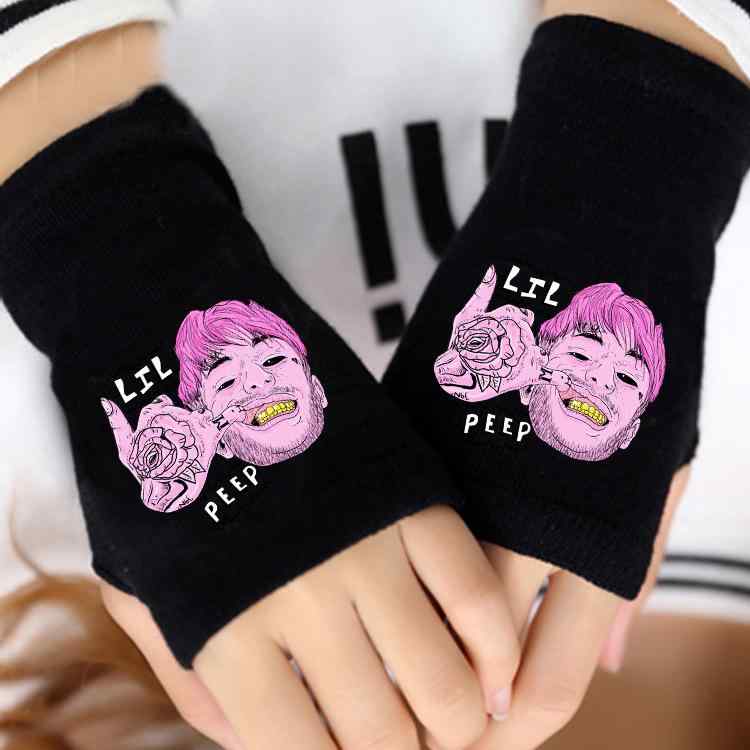 手袋 秋冬用ニット男女兼用ハーフフィンガーグローブ 防寒手袋 カートゥーン柄 ハーフフィンガー ブラック