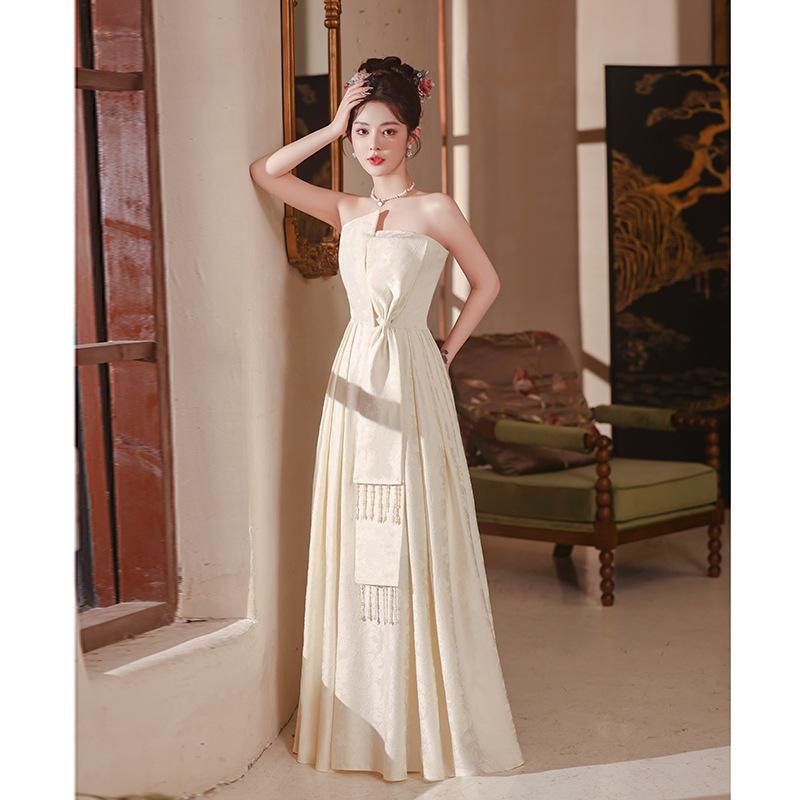 チャイナドレス レディース シャンパンゴールド イブニングドレス 結婚式 パーティードレス 礼服 ポリエステル ロングドレス チューブトップ 無袖(4)