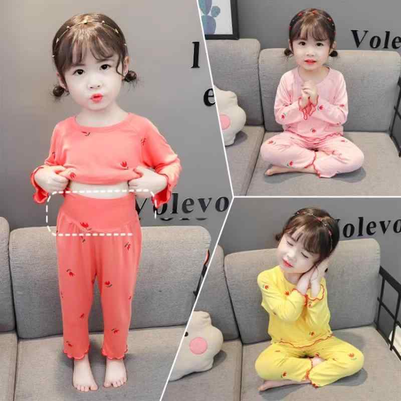 子供用パジャマ キッズ ベビー 女の子 長袖 薄手 再生繊維 高腰 腹巻付き 部屋着 ルームウェア 上下セット 春秋 ピンク イエロー