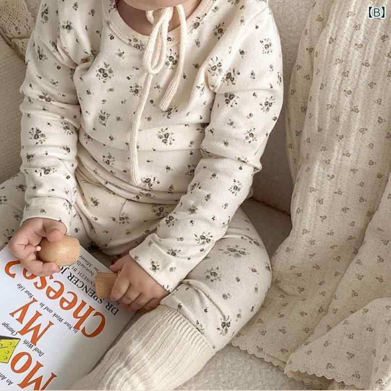 シャドーテールの子供用パジャマ ベビー服 長袖トップス パンツ 上下2点セット 綿 秋冬 春 韓国風 ドット柄 花柄 保温 部屋着｜アングル3