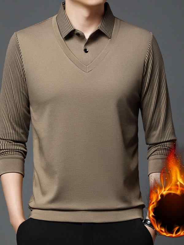 ポロシャツ メンズ 長袖 裏起毛 ストライプ柄 秋冬 暖かい カットソー プルオーバー トップス ゆったり 洗濯機洗いOK(4)