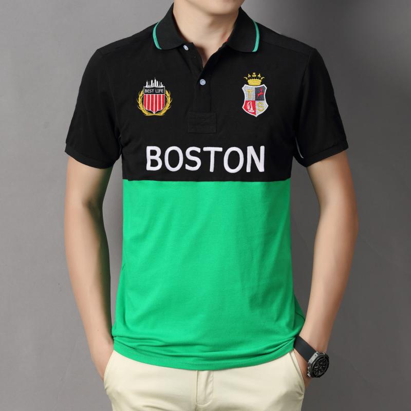 ポロシャツ メンズ 男性用 アメリカ ボストン USA 綿 コットン 開襟 裾スリット 切り替え 配色 グリーン 緑 伸縮性 通気性