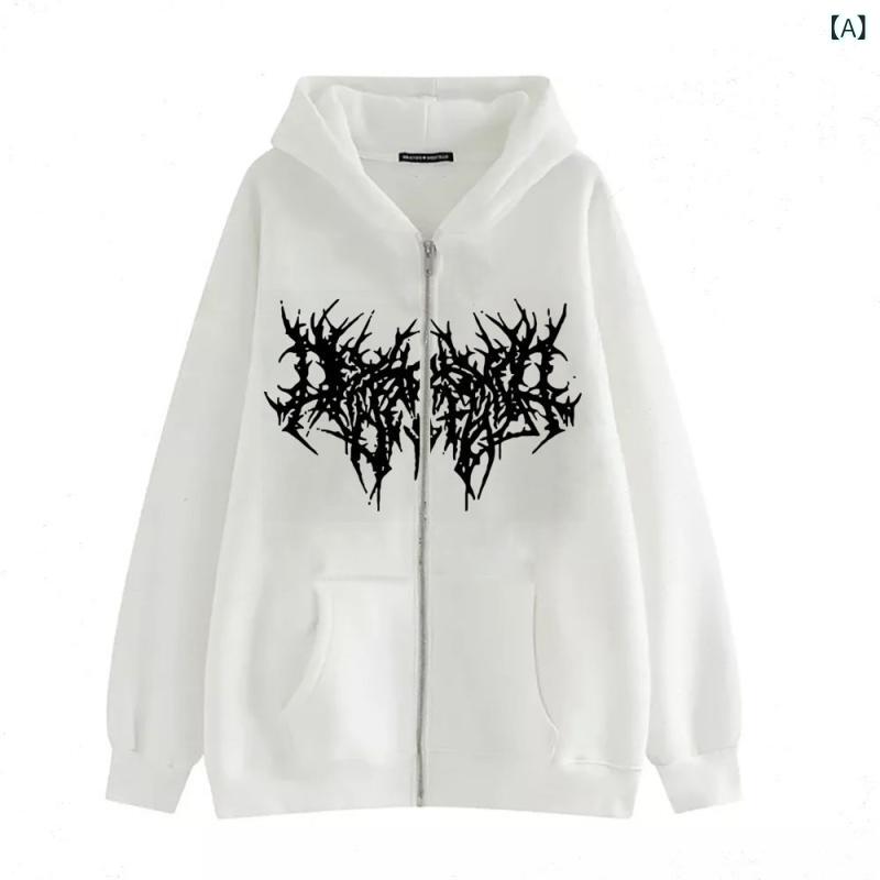 パーカー メンズ ゴシック柄 プリント ジップアップ フーディ 秋冬 裏起毛 暖かい ゆったり リラックス カジュアル スタイル 白 グレー 墨黒 赤 カーキ色 緑 青 紫 ライトブラウン