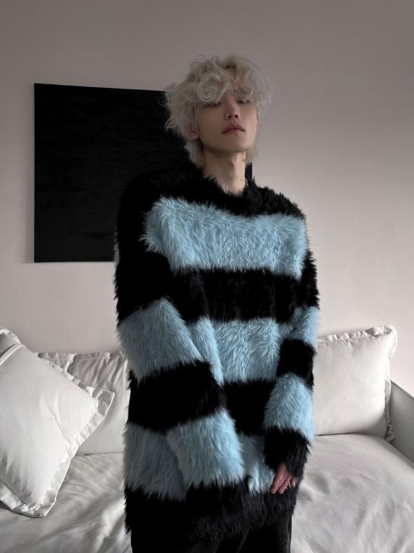 ニット メンズ 秋冬 ボーダー柄 プルオーバー 韓国風 ゆったり 暖か トップス 長袖 普段使い カジュアル 部屋着 伸縮性 ポリエステル ブルー レッド ホワイト