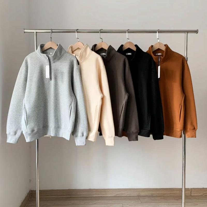 トレーナー メンズ 男性用 裏起毛 ハーフジップ スタンドカラー プルオーバー トップス 秋冬 春秋 無地 栗色 ブラック 青灰色 ライトグレー アイボリー ゆったり