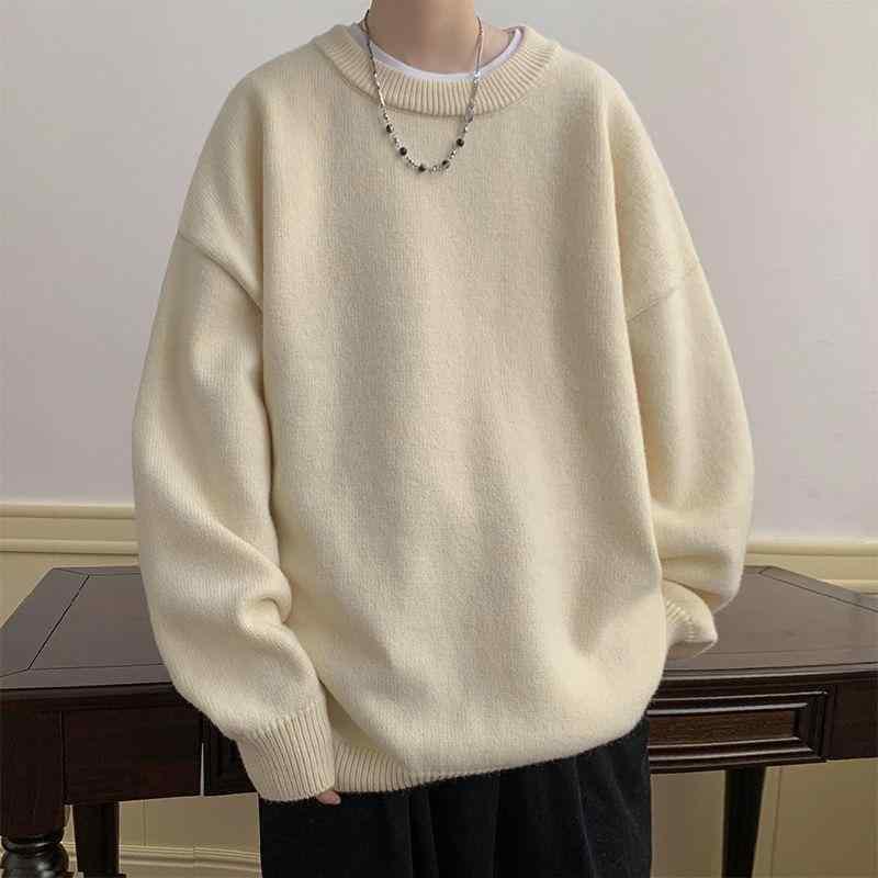 ニット メンズ 丸首 セーター 秋冬 厚手 韓国風 リブ裾 プルオーバー トップス ポリエステル混紡 ゆったり 普段使い デイリー