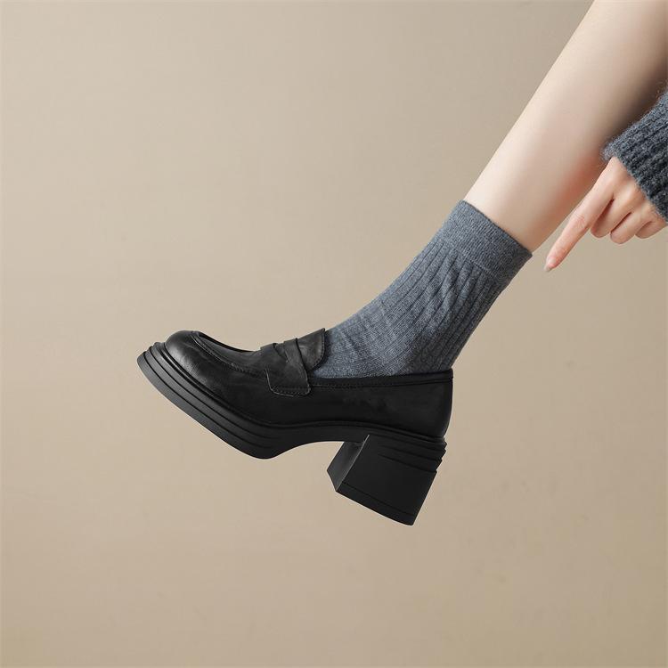 ローファー レディース 丸頭 厚底 太ヒール スリッポン 超繊維 婦人靴 ラウンドトゥ カジュアル かわいい 普段使い ブラック ブラウン 春夏 秋冬