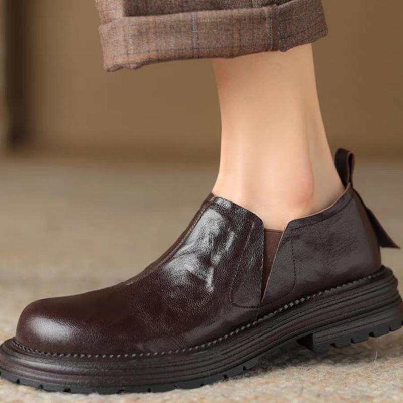 ローファー レディース 深口 レザー シューズ 厚底 チャンキーヒール スリッポン ラウンドトゥ 防水 春夏 秋冬 ブラウン ブラック