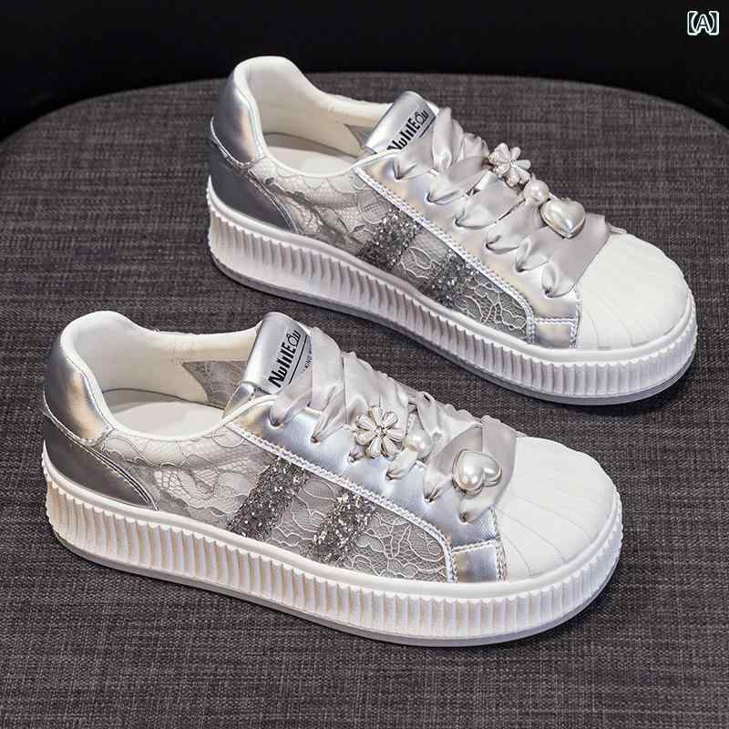 楽天シャドーテールスニーカー レディース 厚底 メッシュ 通気性 スポーツ 運動靴 カジュアル 銀色 白色 軽量