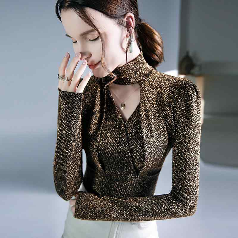 Garments - Tシャツ レディース 秋冬 長袖 ハイネック トップス カットソー 接触冷感 インナー 亮丝 ラメ入り スリムフィット 無地 金色 黒色 銀色