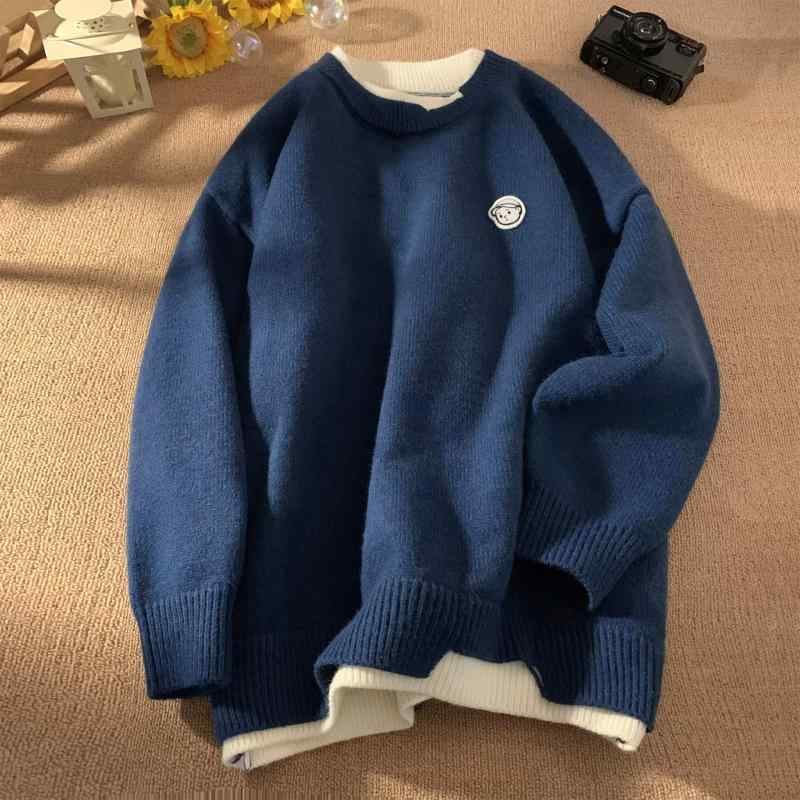 ニット メンズ レトロ 切り替え ラウンドネック セーター プルオーバー 秋冬 ポリエステル 普段使い