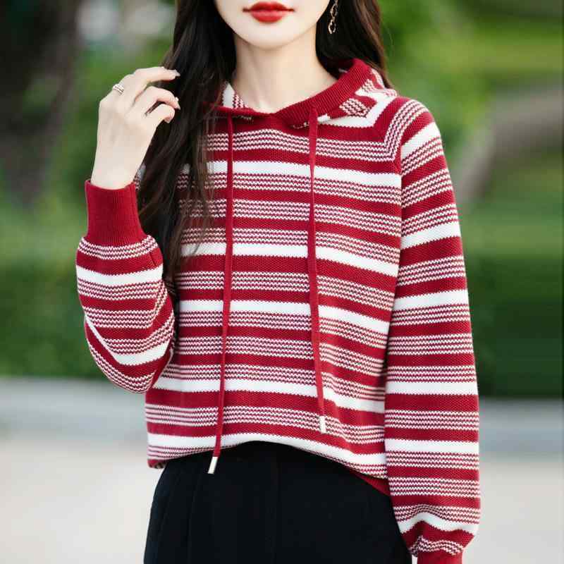 ニット レディース 秋冬 純綿 パーカー 長袖 ボーダー柄 プルオーバー 厚手 暖かい カジュアル かわいい ブルー系 キャメル系 ブラウン系 ブラック系 レッド系