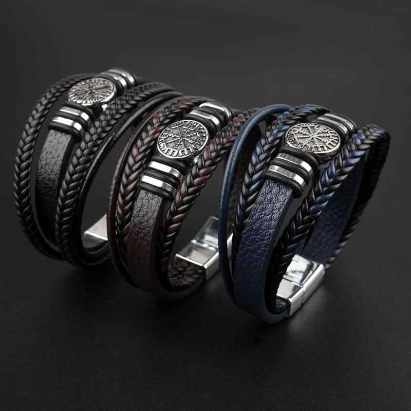 ブレスレット メンズ 男性用 レザー 多層 幾何学模様 コンパス 模様 ブラック 黒色 コーヒー色 珈琲色 ..