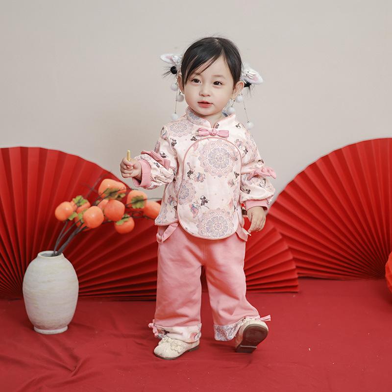 子供服 セットアップ 春秋 ガールズ チャイナ風 漢服 女の子 秋 2点セット 小中学生 長袖 トップス パンツ 綿95% ピンク 73 80 90 100 110 120cm