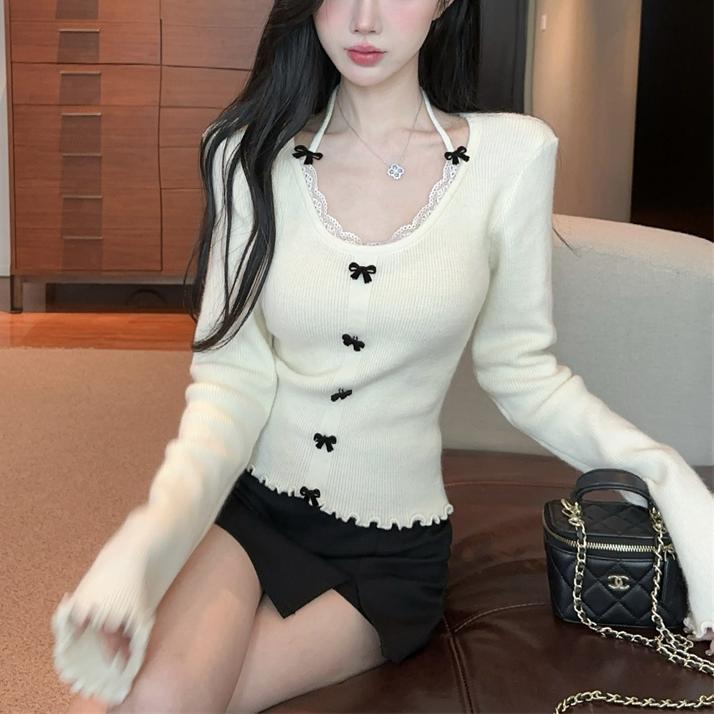 ニット レディース 秋冬 蝶結び レース 切り替え ラウンドネック 長袖 トップス プルオーバー スリム 杏色 ブラック グレー