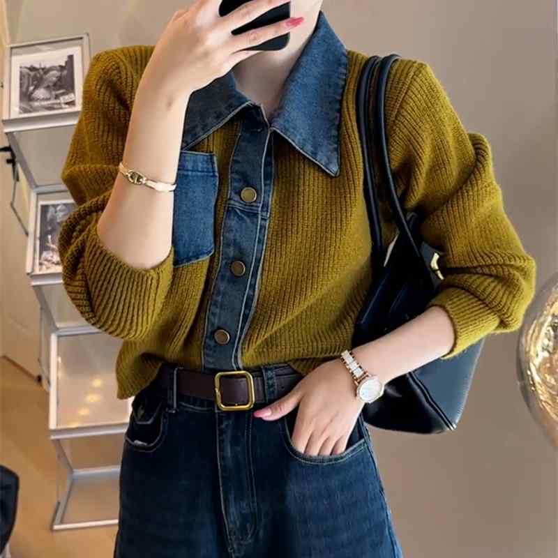 ニットカーディガン レディース POLOネック 長袖 ショート丈 トップス デニム襟 切り替え ポリエステル アクリル 普段使い 韓国風 秋冬