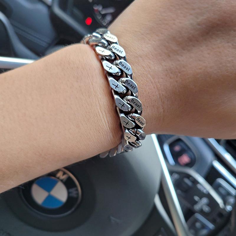 ブレスレット メンズ チタン製 キューバチェーン レトロ 刻印 ヒップホップ ステンレス フィガロチェーン スタイル 幅9mm 幅12mm