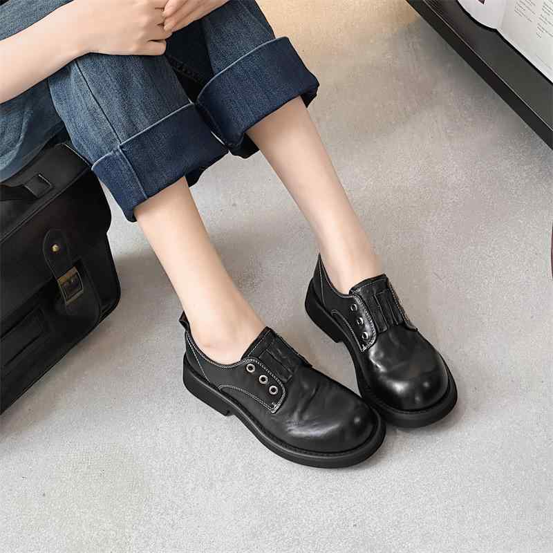 ローファー レディース 靴 黒色 本革 厚底 太ヒール ラウンドトゥ スリッポン 牛革 春夏 秋冬