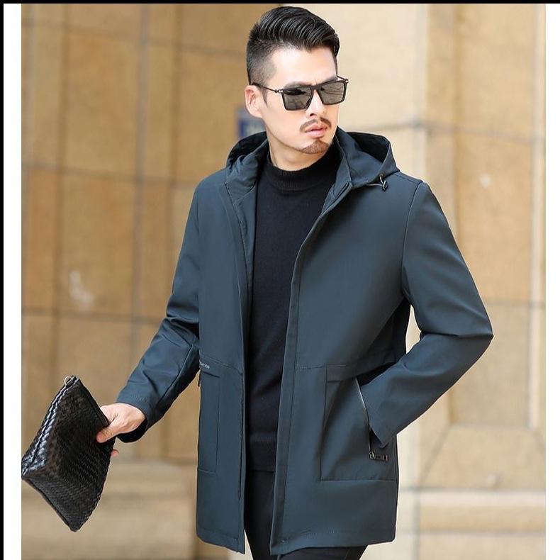 ジャケット 男性用 薄手 耐摩耗性 ミドル丈 フード付き ブルゾン ジャンパー 40代 50代 ポリエステル カジュアル ブラック ブルー