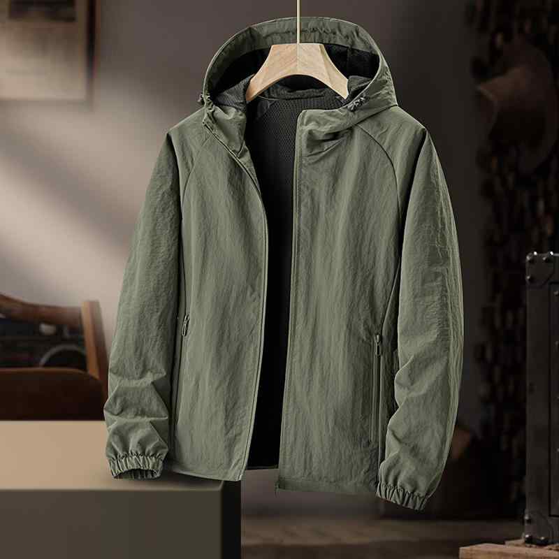 ジャケット 男性用 春秋 薄手 防水 防風 フード付き ブルゾン 紳士服 ミリタリー ブラック カーキ 普段使い アウトドア
