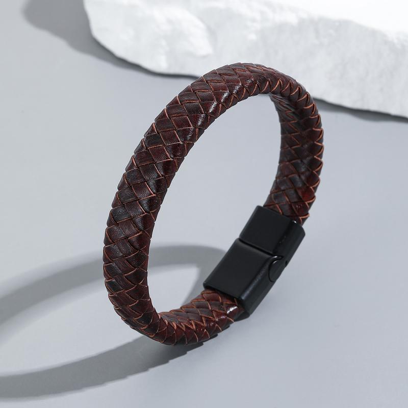 ブレスレット メンズ 男性用 レトロ 牛革 多層 ハンドメイド 編み込み 磁力 チタン合金 幾何学模様 ア..