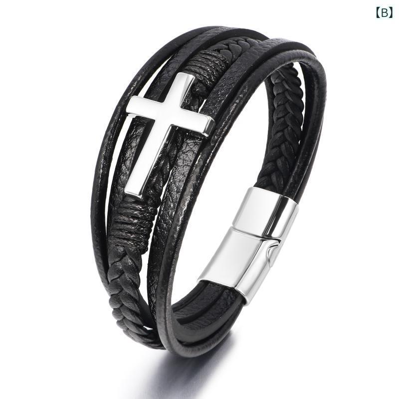 ブレスレット メンズ 男性用 本革 レザー 編み込み 十字架 クロス 多層 マグネット 磁石 留め具 腕輪 金色 銀色 黒色