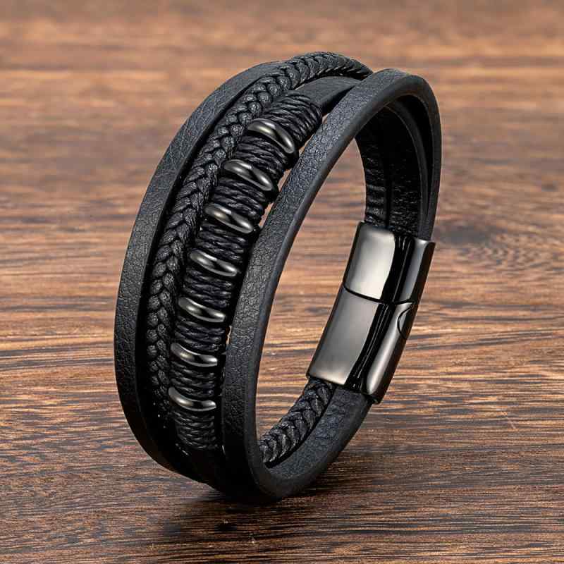 ブレスレット 男性用 編み込み レザー ステンレス 磁気 マグネット 金 銀 黒 スタイリッシュ 幾何学模様 手作り ハンドメイド ファッション 腕飾り アクセサリー 男女兼用