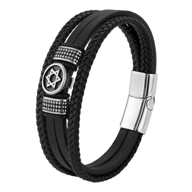 ブレスレット メンズ 男性用 ダビデの星 ソロモンの封印 六芒星 本革 チタン鋼 多層 レザー 革紐 ファ..